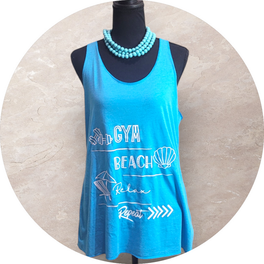 Gym, Beach, Relax, Repeat Tank